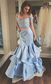 Two Piece Off The Shoulder Light Blue Prom Dress With Lace Ruffles Light Blue Prom Dress Prom Dresses Blue Lace Evening Dresses