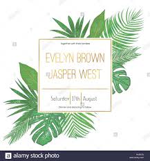 Bestimmt ist dir schon der mustertext auf unseren einladungskarten aufgefallen. Hochzeit Blumen Einladung Karte Laden Vektor Aquarell Stil Der Von Tropischen Palmen Blatter Monstera Kentia Palmen Diffenbachia Kokos Dekorative Stock Vektorgrafik Alamy