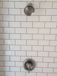 White Subway Tile With Delorean Grey Grout With Moen Shower Head Oldhomemystyle Grey Grout Bathroom Bathroom Tile Diy White Subway Tile Shower