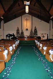Church Decorations For A Winter Wedding Featuring Purple And Teal Christmas Trees With Church Wedding Decorations Church Decor Church Christmas Decorations