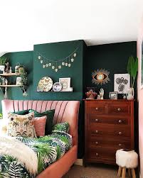 Dark Green Walls Pink Velvet Headboard Botanical Prints And Vintage Chest Of Drawers In The Bedroo Green Bedroom Decor Green Bedroom Walls Home Decor Bedroom