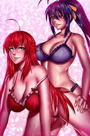 2girls akeno himejima aqua eyes big breasts biting lip black hair  bra breasts cleavage doggy style female female only hand on thigh high  school dxd huge breasts long hair