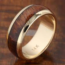 14 Karat Solid Yellow Gold Koa Wood Inlaid Wedding Ring 7mm Gkr6001 Wood Wedding Ring Heart Shaped Wedding Rings Hawaiian Wedding Rings