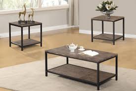 It has a smooth, brown laminate top and black metal, open frame legs. Poundex F3180 3 Pc Charlton Home Bradford Faux Wood Top Metal Frame Coffee And End Table
