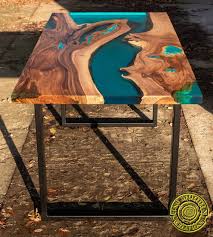 Turquoise Resin Dining Table With Glowing Inlay Wood Resin Table Resin Furniture Wood Table Design