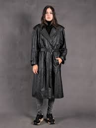 90s Womens Black Nappa Leather Classic Long Trench Coat Long Trench Coat Vintage Jacket Coat