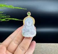 RealJade® 18K Yellow Gold Genuine Icy Green Jade GuanYin Baby Buddha  Pendant Necklace With Diamonds