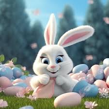 Easter day with cartoon a cute bunny rabbit is sits laying or sleeping in a  nest or field flowers
