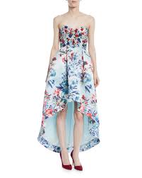 Parker Black Roxanne Strapless High Low Floral Print Gown W Beaded Bodice Floral Print Gowns Printed Gowns Beaded Bodice