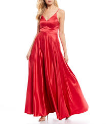 B Darlin V Neck Spaghetti Strap Side Slit Satin Ballgown