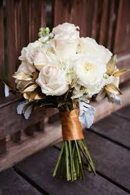 White Rose And Gold Leaf Bridal Bouquet Via Sharaya Mauck Photography Deer Pearl Flowers H Gold Wedding Bouquets Gold Wedding Flowers White Wedding Flowers