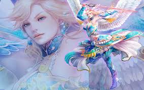 Eye color sometimes mixes with hair color amazingly … blue eyes with dark hair, brown eyes with blonde, and green with, well, any hair color. Beautiful Girl With Angel Wings Sword Blonde Hair And Blue Eyes In Blue Clothes Forsaken World Fantasy Hd Wallpaper Wallpaperbetter
