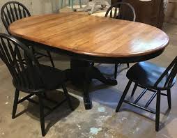 Oak Tabletop With Large Leaf Sanded Down To Raw Wood And Stained Polyed With Minwax Satin Clear Bottom Pedestal Ba Painted Table Dining Table Black Raw Wood