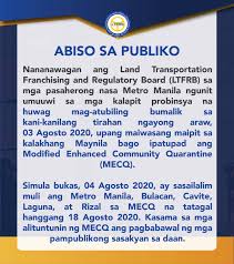 Minimum public health standards shall be complied with at all times for the duration of the mecq. Lto Ltfrb Suspend Operations In Mecq Areas Until August 18