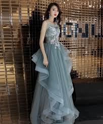 Green Tulle Lace Long Prom Dress Green Tulle Lace Evening Dress Di 2020 Gaun Perempuan Gaun Prom Pakaian Wanita