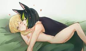 black hair blonde hair genshin impact green highlights lumine ( genshin impact) tears tighnari (genshin impact) yellow eyes 