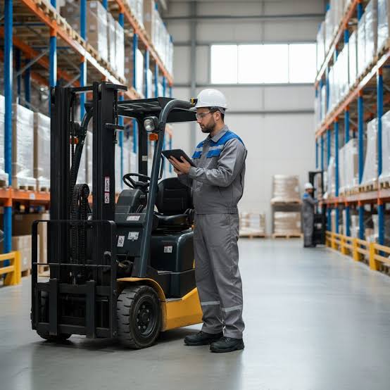 Người vận hành đang điều khiển xe nâng trong kho hàng