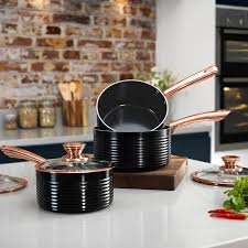 Rosegold Saucepan Set With Ceramic Non Stick Inner Coating And Glass Lid Aluminium Black Rose Gold Rose Gold Kitchen Copper Kitchen Accessories Gold Kitchen