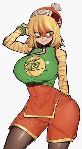 mano (manobece), min min (arms), arms (game), absurdres, highres, 1girl,  beanie, blonde hair, blunt bangs, breasts, chinese clothes, domino mask,  food, green eyes, hat, knit hat, leggings, leggings under shorts, looking at