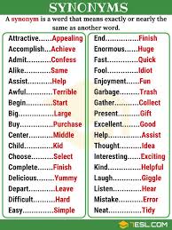 Synonym List Of 250 Synonyms From A Z With Examples 7 E S L English Language Teaching Learn English Vocabulary English Vocabulary Words