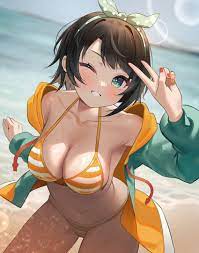 Anime R34 / ribbon, jacket, bikini, beach, lens flare