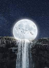 Retro style artwork with vintage color tone elements of this moon image. Moon Waterfall Fantasy Artistic Paradigms