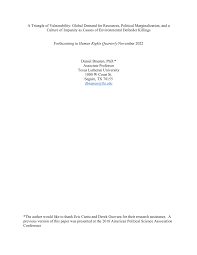 PDF) A Triangle of Vulnerability: Global Demand for Resources, Political  Marginalization, and a Culture of Impunity as Causes of Environmental  Defender Killings