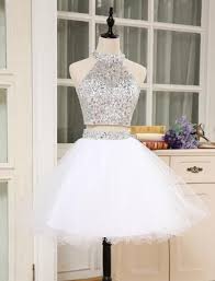 Shining 2 Piece Prom Dresses High Neck Crystal Beaded Puffy Short Homecoming Dress For Graduation In 2020 Formal Dresses For Teens Cute Prom Dresses Two Piece Homecoming Dress
