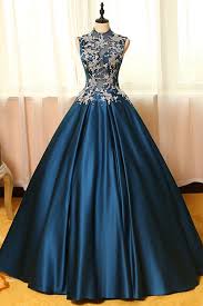 Blue Satins Lace Applique Round Neck See Through A Line Long Prom Dresses Ball Gown Dresses Prom Dresses Vintage Ball Dresses Prom Dresses Long