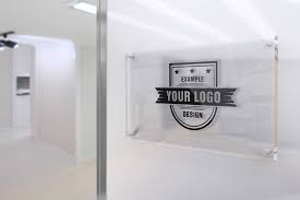 Download Glass Sign On Office Wall Mockup Mediamodifier Online Mockup Generator Sign Mockup Glass Sign Sign Board Design