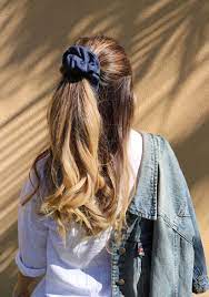 Navy Blue Linen Scrunchie Half Up Hairstyle Scrunchie Hairstyles Hair Styles Ponytail Styles