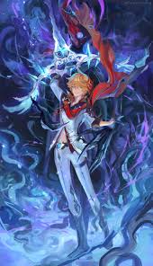 celestial fang, tartaglia (genshin impact), genshin impact, black footwear,  absurdres, commentary request, highres, 1boy, arm up, black gloves, blue  eyes, boots, gloves, grey jacket, grey pants, hair between eyes, holding,  jacket, knee