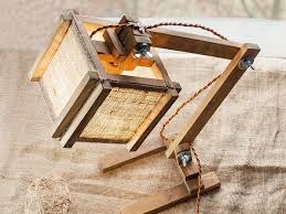 Burlap Table Lamp Wooden Torchere Folding Wood Lamp Wood Etsy Wooden Table Lamps Wooden Lamp Wood Lamps