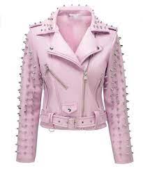 New Handmade Women S Baby Pink Full Spiked Studded Brando Punk Cowhide Leather Jacket New Handma Unique Leather Jacket Pink Leather Jacket Pastel Goth Fashion