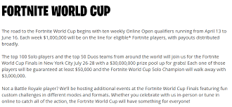 Players from all over the world can compete to gain the title of the for the online opens, there will be 10 weekly qualifier events starting on april 13 and running until june 16. Rod Breslau On Twitter Epic Games Has Announced The First Details Of The Fortnite World Cup Featuring 100 Million In Prize Money Including 1 Million Each Week In Online Open Qualifiers And