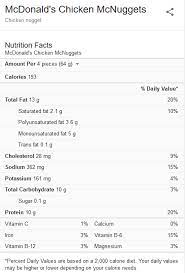 Please refer to the nutrition facts label seen to the left for a full breakdown of complete nutrition found in a 10 piece chicken mcnuggets. What Is In Mcnuggets Quora