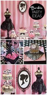 A Black White And Pink Barbie Girl Birthday Party With Gorgeous Decorations And Desserts See More Barbie Party Barbie Birthday Party Parisian Birthday Party