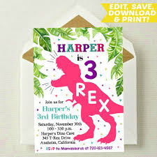 3rd Birthday Invitation Text Message Editable Girl Dinosaur Invitation Three Rex Invitation Etsy Dinosaur Invitations Dinosaur Birthday Invitations Editable Invitations