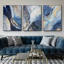 Gold Art 3 Pieces Wall Art Abstract Acrylic Paintings On Canvas Ocean Blue Painting Set Of Blue Living Room Decor Abstract Wall Art Living Room Living Room Art