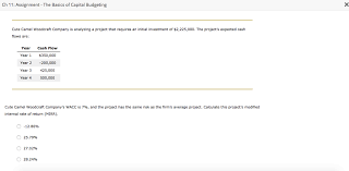 Calculate this project's modified 21.06% 18.05% 19.06% 20.06% if cute camel woodcraft company's managers select projects based on the mirr. Solved Ch 11 Assignment The Basics Of Capital Budgetin Chegg Com