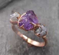 Raw Amethyst Diamond Rose Gold Engagement Ring Wedding Custom One Of A Kind Purple Gemstone Ring Birthstone Three Stone Ring Amethyst Ring Engagement Purple Gemstones Rings Rose Gold Diamond Ring Engagement