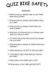 English Worksheets Bike Safety Quiz Bike Safety Activities Bike Safety Bicycle Safety