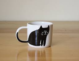 Ready To Ship Black And White Happy Cat Mug With Tail On Handle 10 Oz Free Shipping By Beardbangs Ceramics Cat Mug Mugs Animal Mugs