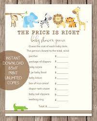 The printable pdf price is right game cards include some popular baby items listed to make things easier. The Price Is Right Baby Shower Game Jungle Theme Baby Shower Printables Printable Baby Shower Games Jungle Baby Shower Theme