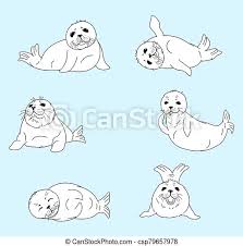 I specifically love to draw them with big, round bellies; Set Of Kawaii Fur Seals Baby Nerpas Cartoon Drawing Isolated Characters Cute Animals Editable Vector Illustration For Canstock