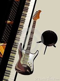 Stevie Nicks Has Anyone Ever Written Anything For You Piano Top View Of A Piano And An Electric Guitar Over A White Floor With A Black Bench Mosaique