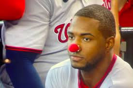 Victor Robles wins the exchange with Madison Bumgarner with clown nose  response