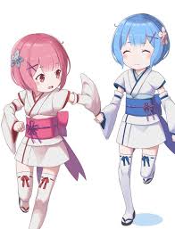 2girls Blue Hair Blush Child Closed Eyes Detached Sleeves Flower Hair Flower Hair Ornament Highres Japanese Clothes Kim Ram And Rem Cute Anime Pics Anime Chibi