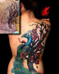 Tattoo artists knew that once they go peacock, there is no holding back in rendering the needed we have 38 of the best peacock tattoos inked out there. Peacock Cherry Blossom Cover Up Back Tattoo By Jackie Rabbit Peacock Tattoo Cover Up Back Tattoos Back Tattoo Women
