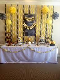 Decorate the venue with black, yellow and white balloons. Mommy To Bee Baby Shower Bumble Bee Theme Shower Baby Ashford Board Baby Shower Decorations Baby Shower Table Baby Shower Themes